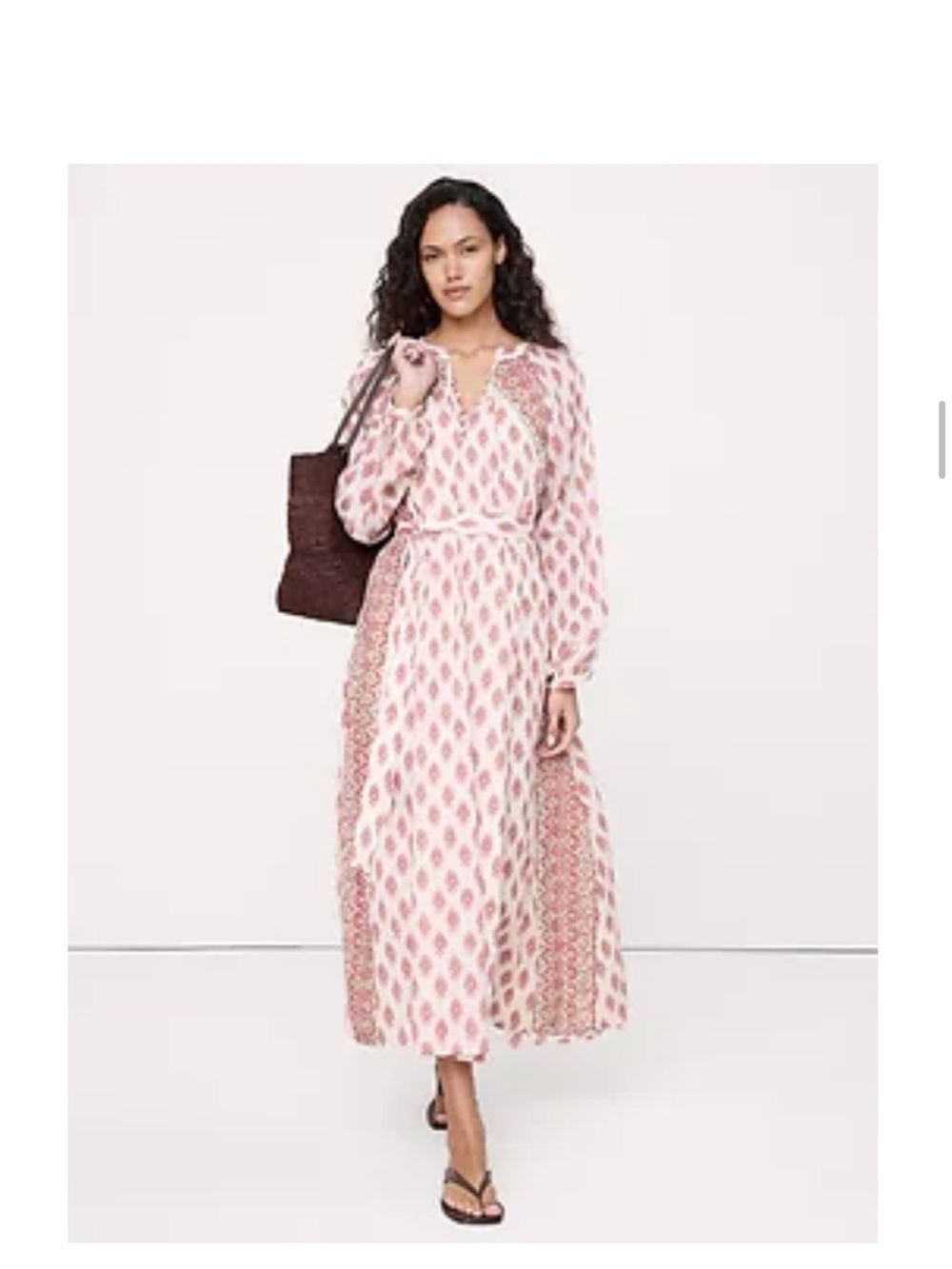Banana Republic Pink Printed Long-Sleeve Maxi with Waist Tie